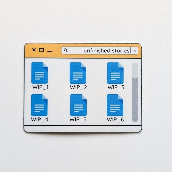 Fan fiction writer sticker of WIP computer window