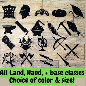 May include: A collection of 20 black silhouette icons representing different Dungeons and Dragons character classes, including land, hand, and base classes.  The icons are displayed on a wood background.  All Land, Hand, + base classes Choice of color & size!