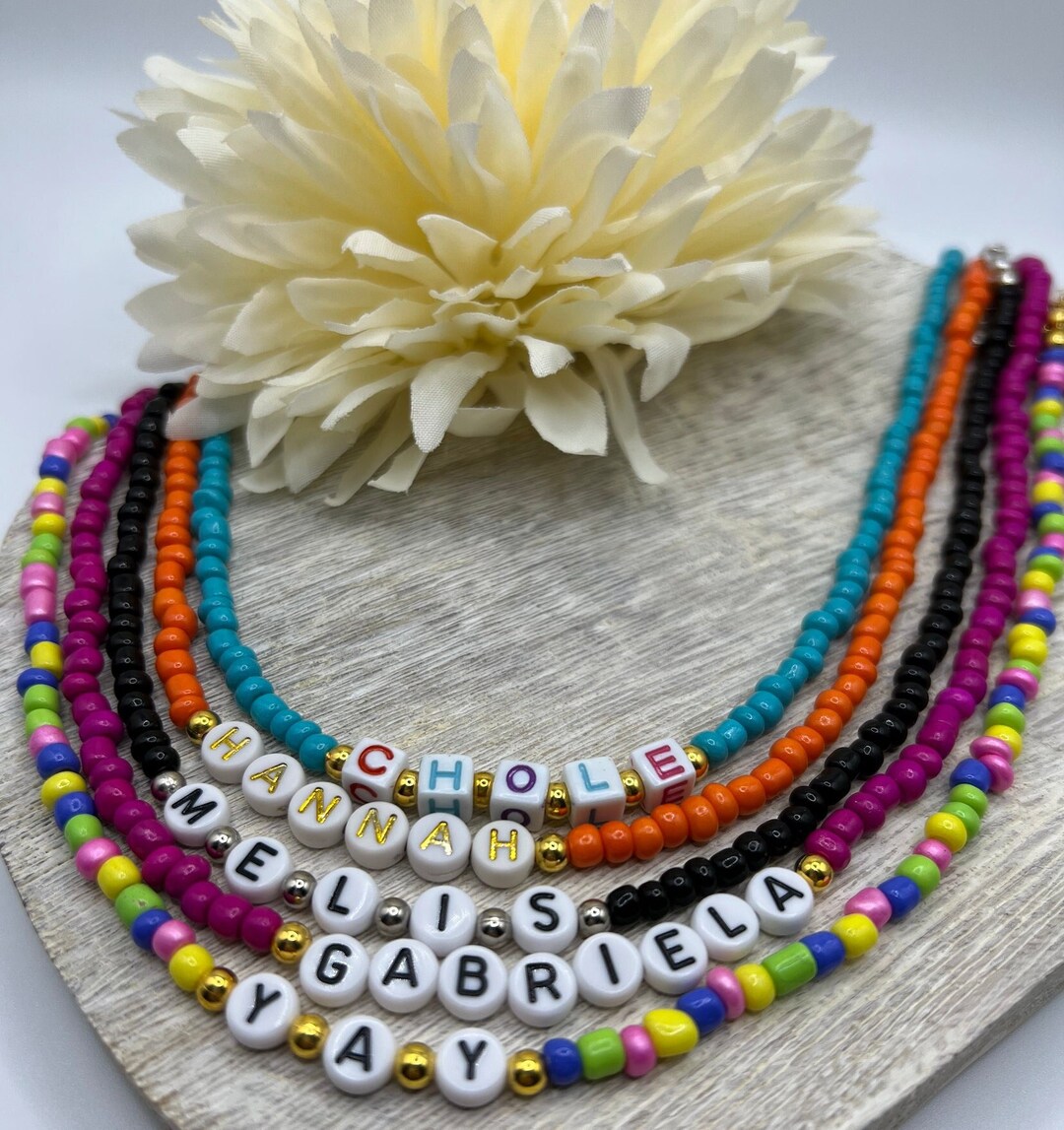 Custom Name Seed Bead Necklace on a woman's neck