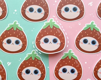 Strawberry Cat Sticker | Matte Vinyl Waterproof Sticker | Strawberry Stickers | Laptop Stickers | Hydroflask Stickers | Kawaii Stickers