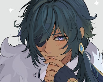 May include: A digital illustration of a young man with long, dark blue hair. He is wearing a white fur collar, a gold chain, a black glove, and a blue eyepatch. He has a serious expression on his face.