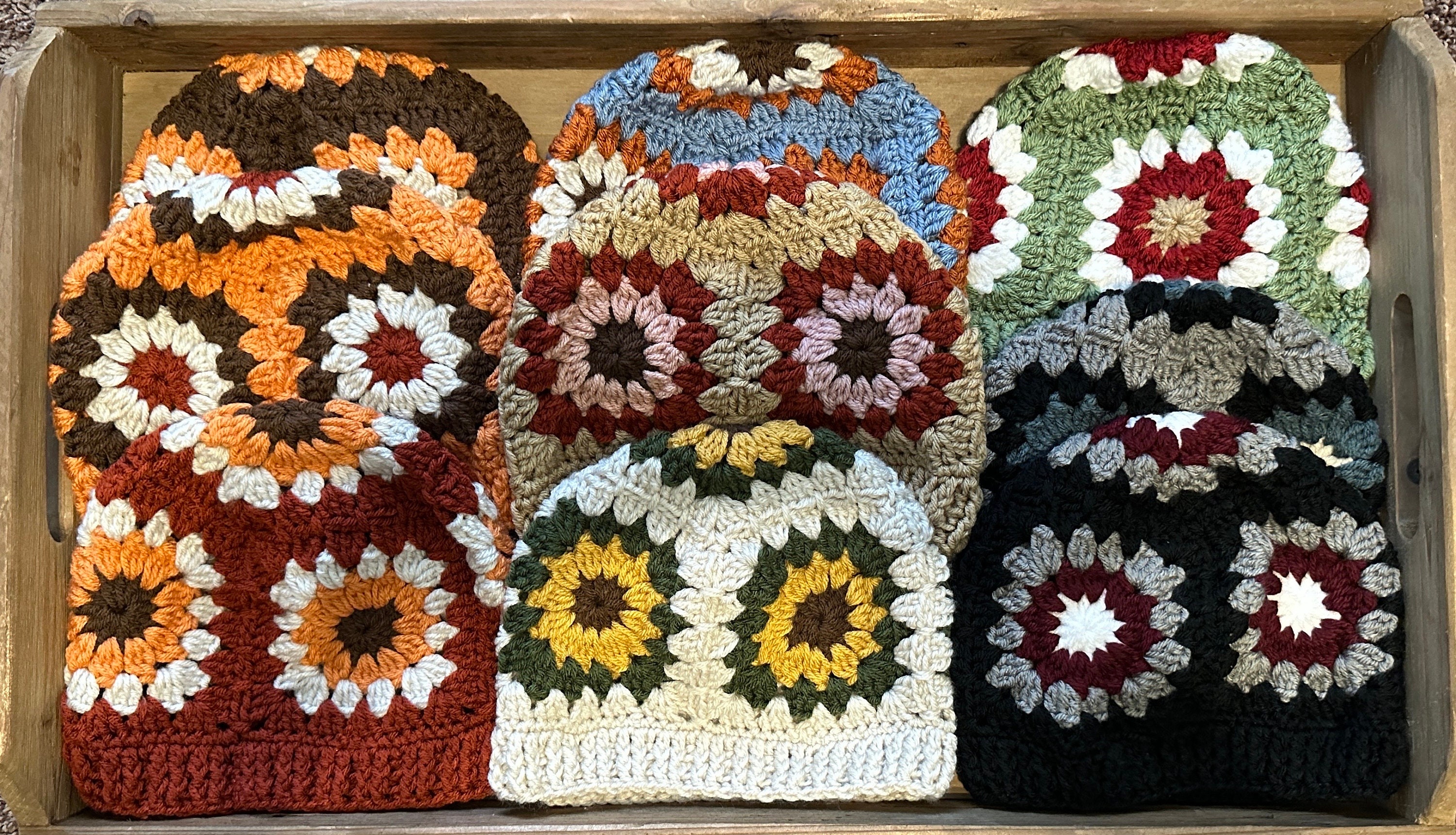 CROCHET SUNFLOWER HAT, Retro  Vintage Design, Hippie Style Beanie, Cozy Winter Wear, Granny Square Pattern, Handmade Gift