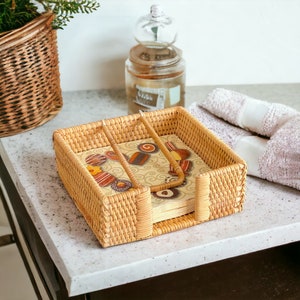 Rattan Napkin Holder Square | Honey Brown Rustic Woven Wicker Guest Towel Holder Tray for Bathroom Cocktail Restaurant Bar Accessories Decor