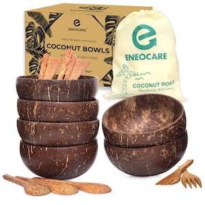 6 x Natural Coconut Bowls with Spoons and Forks, Eco-friendly Vegan Organic Smoothie Buddha Acai Coconut Bowl Set for Thanksgiving Christmas
