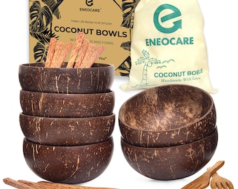 6 x Natural Coconut Bowls with Spoons and Forks, Eco-friendly Vegan Organic Smoothie Buddha Acai Coconut Bowl Set for Thanksgiving Christmas