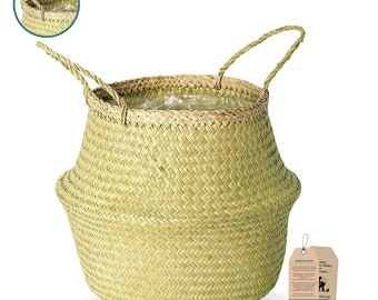 Woven Seagrass Planter Basket for Indoor and Outdoor | Stylish Natural Wicker Belly Basket with Plastic Liner for Storage, Flower Pots