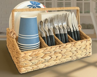 Wicker Utensil Caddy for Parties, Hand Woven Water Hyacinth Cutlery Holder for Countertop, Silverware Caddy with Handle, Flatware Organizer