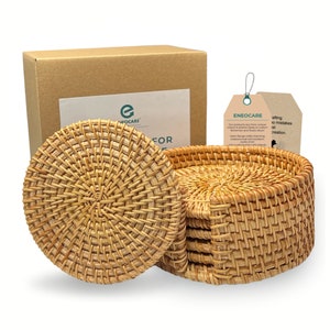 Set of 6 Rattan Coasters with Holder  -  Wicker Heat Resistant Reusable Saucers, Unique Round Straw Woven Trivet for Teacup