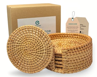 Set of 6 Rattan Coasters with Holder  -  Wicker Heat Resistant Reusable Saucers, Unique Round Straw Woven Trivet for Teacup