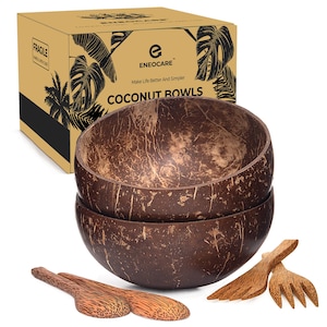 May include: Two brown coconut bowls with a natural, rustic finish. The bowls are stacked on top of each other. The bowls are made from real coconut shells. The bowls are packaged in a box with the words "Coconut Bowls" and "ENEOCARE" printed on the front. The box also has a picture of palm leaves.