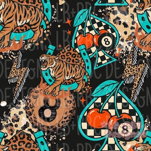 May include: A repeating pattern featuring tigers, lightning bolts, cherries, and the number 8 on a black background. The design incorporates turquoise horseshoes, leopard print accents, and a checkered spade shape.
