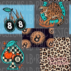 May include: A repeating pattern on a grey background with various designs. These include a tiger with a horseshoe, cherries with the number 8, a pool ball with the number 8, a spade with cherries and the number 8, and a leopard print.