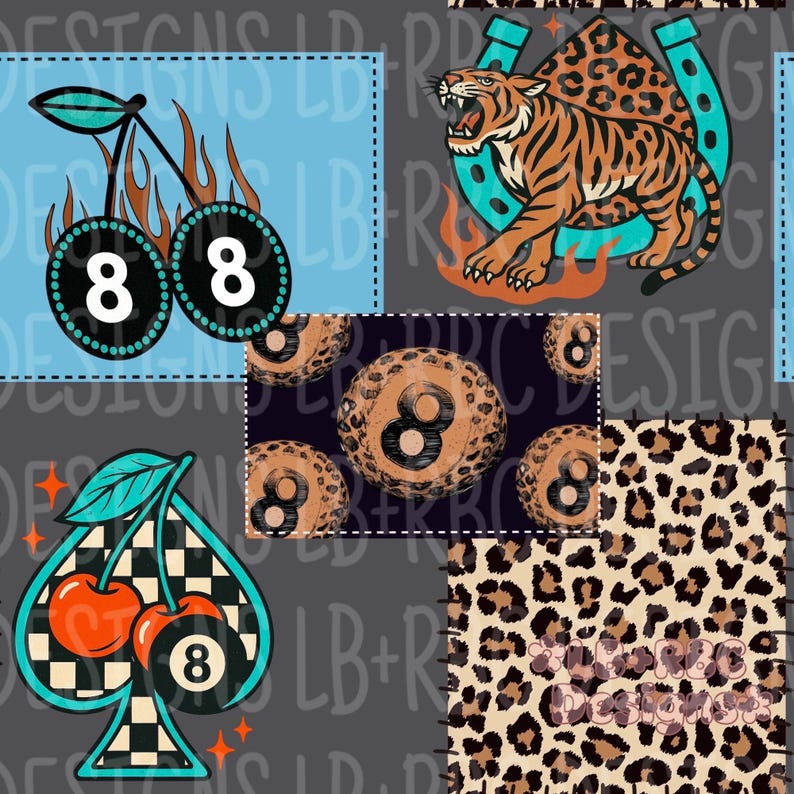 May include: A repeating pattern on a grey background with various designs. These include a tiger with a horseshoe, cherries with the number 8, a pool ball with the number 8, a spade with cherries and the number 8, and a leopard print.