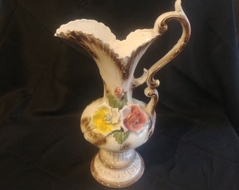 Antique Capodimonte Large Porcelain Pitcher Vase Italy 18 1/2" Tall Ornate Roses