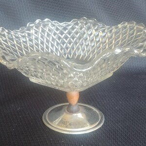 Vintage Rare 6&quot; Square Glass Pedestal Compote Candy Dish Ruffle Edge Wooden Stem