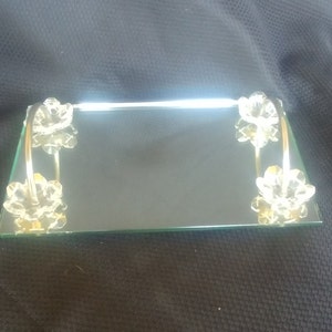 Rare Vanity Tray Mirror 9&quot;x6&quot; Unique Arced Handles Floral Bauble Bases 4-Footed