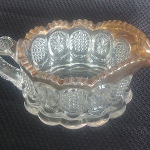 Vintage Cut Crystal Creamer w/ Gold Trim Handle 5&quot; x 3&quot; x 2.5&quot; Clear Glass