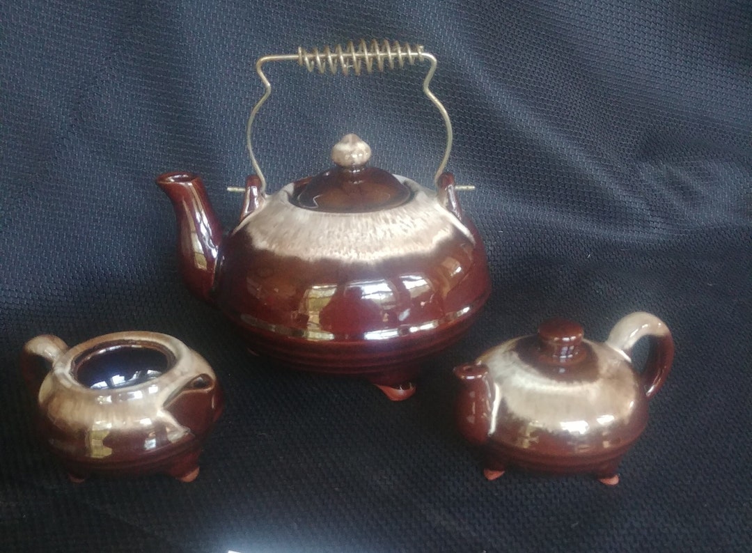 Vintage Redware Drip Glaze Teapot Creamer Sugar Shaker Set Ceramic