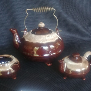 Vintage Redware Drip Glaze Teapot Creamer Sugar Shaker Set Ceramic Porcelain
