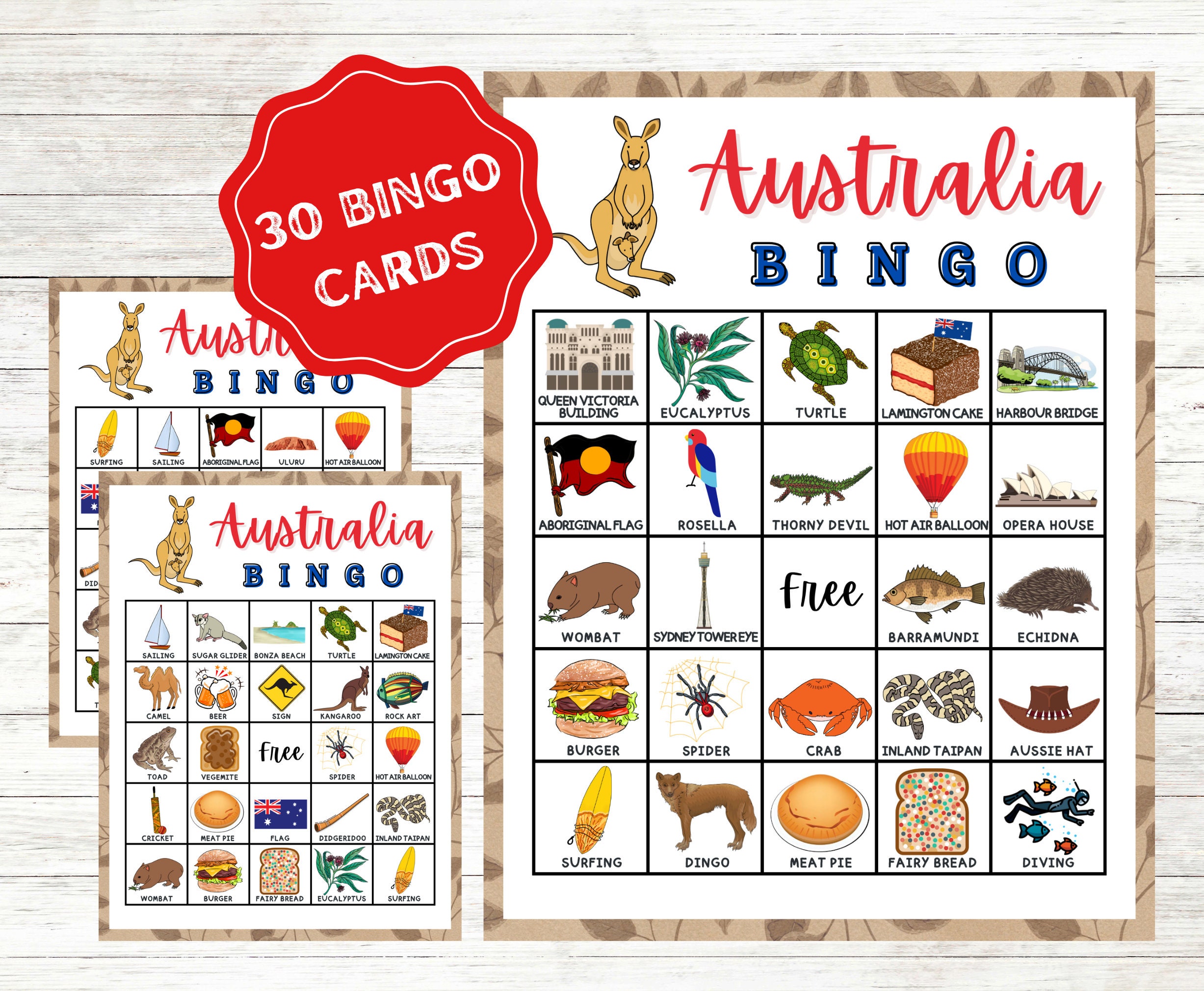 Australia Bingo Cards Instant Download, Australia Party Bingo