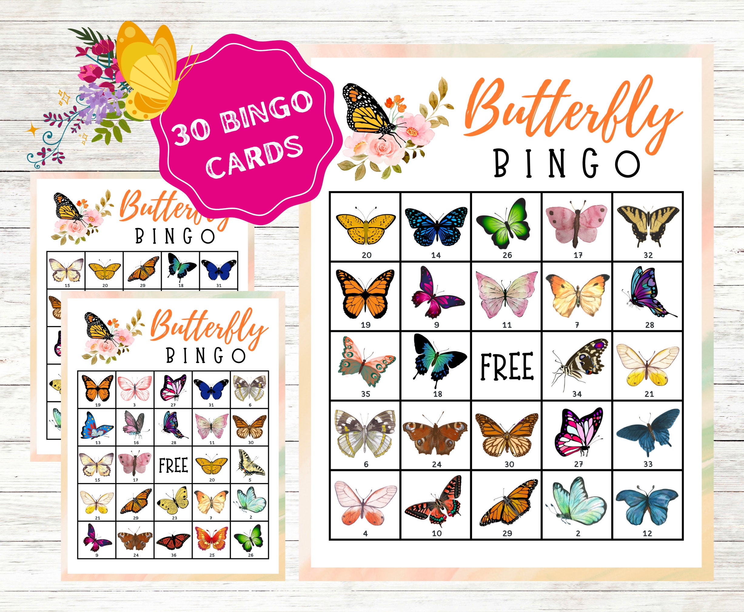 Butterfly Bingo Cards Instant Download Printable Bugs Bingo Etsy