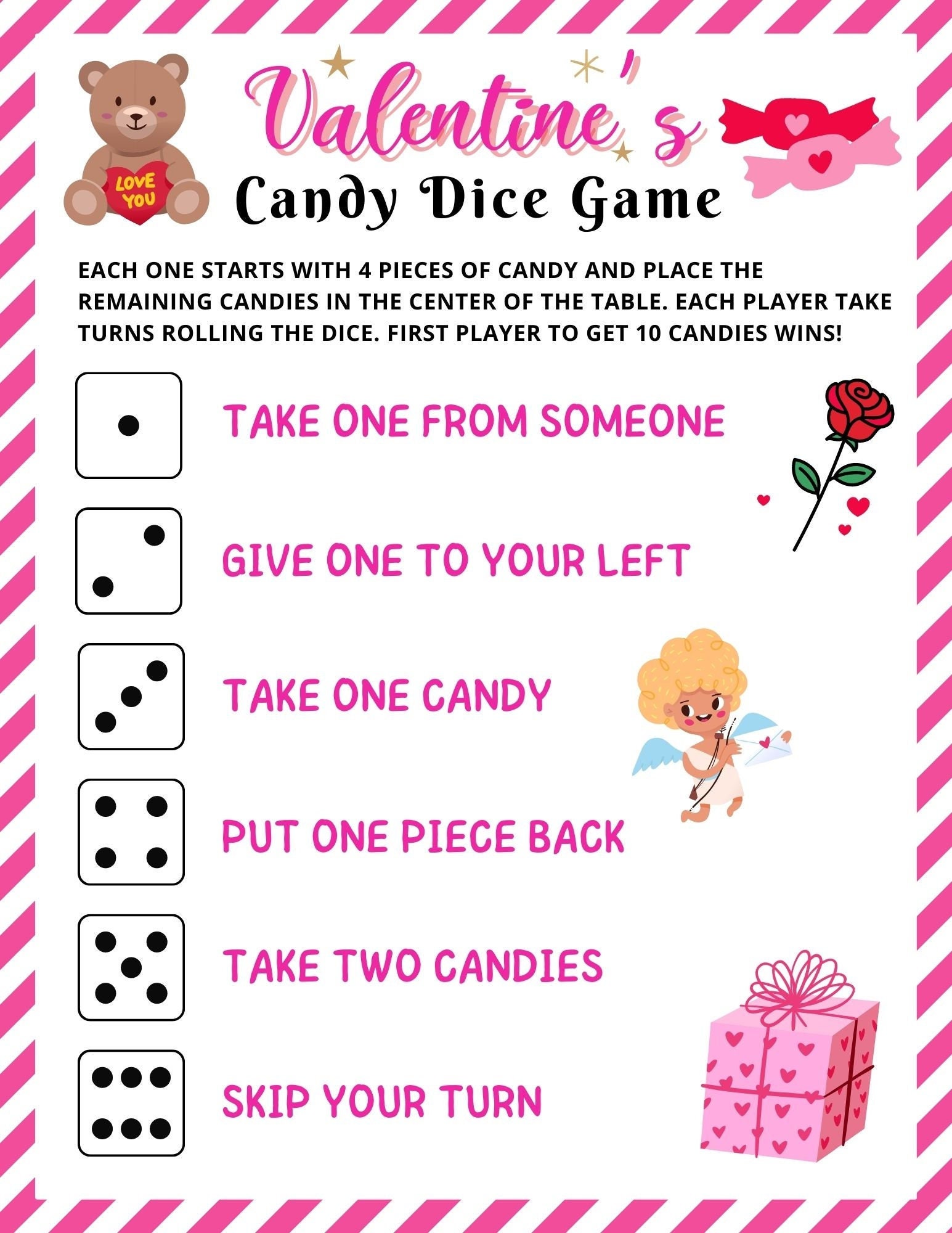 Valentines Day Candy Dice Game Printable Valentines Day Game For Kids 