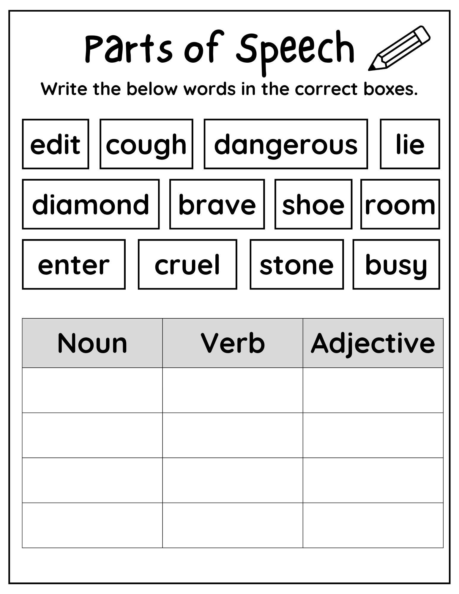 worksheet on parts of speech