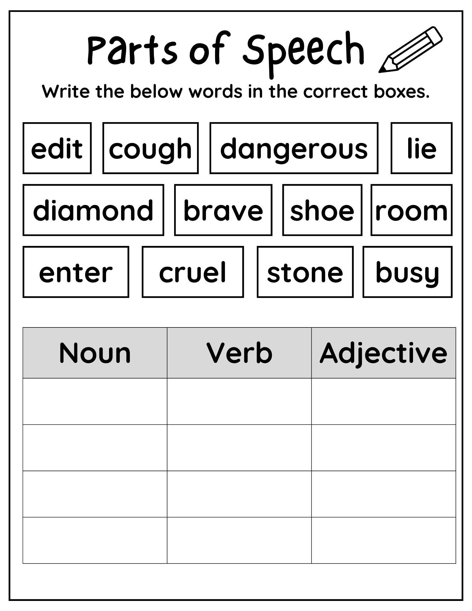 worksheet on parts of speech for grade 7 with answers