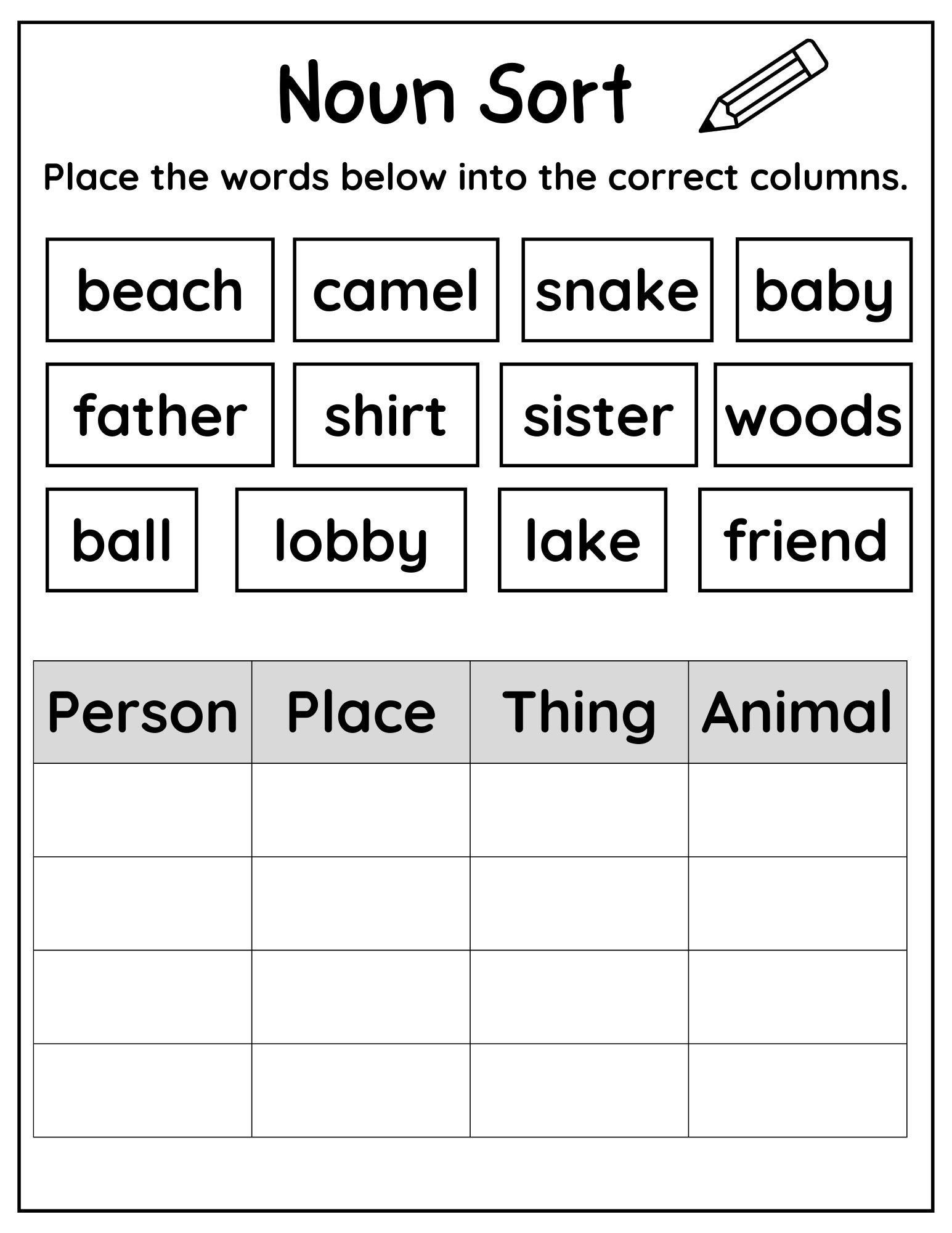 Noun Sorting Worksheet With Pictures