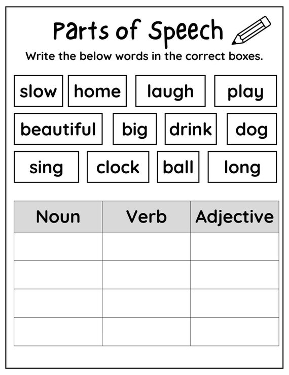 10 Printable Parts of Speech Worksheets Printable Noun Verb - Etsy 10 Printable Parts of Speech Worksheets Printable Noun Verb - Etsy
