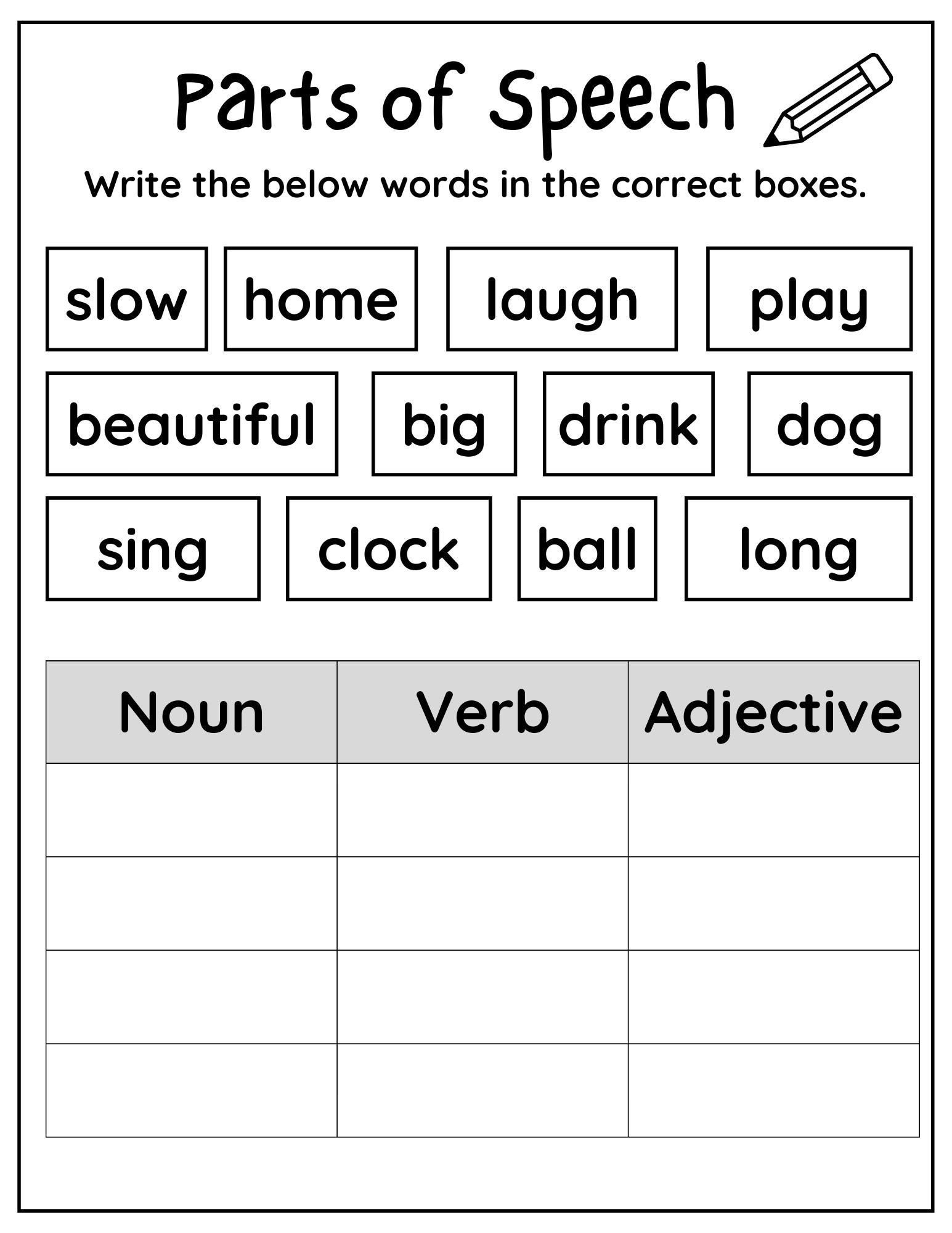 Parts Of Speech Nouns And Verbs Worksheet