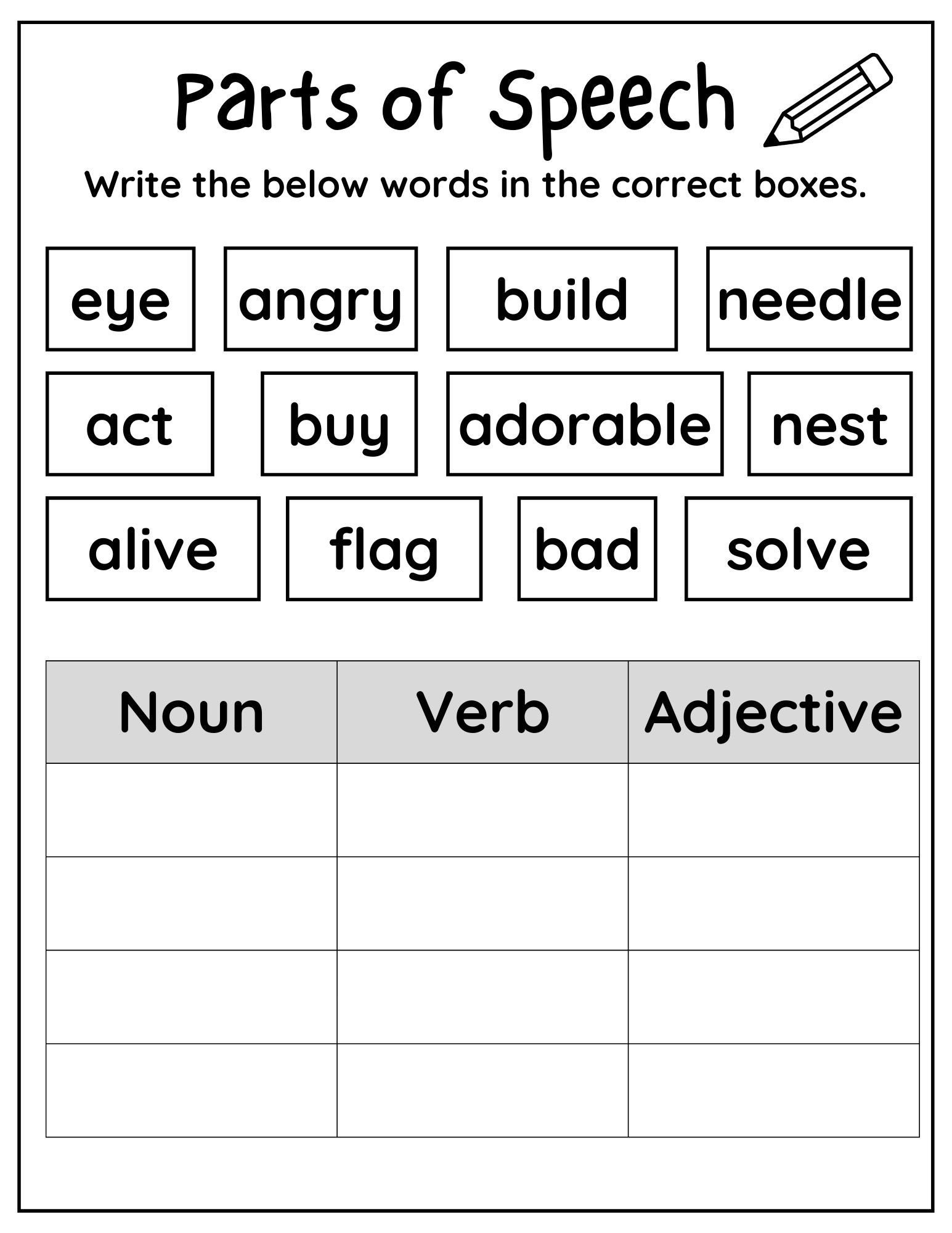 10 Printable Parts of Speech Worksheets, Printable Noun Verb Adjective