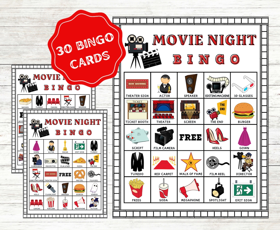 Movie Night Bingo Cards Instant Download, Movie Night Party Bingo ...