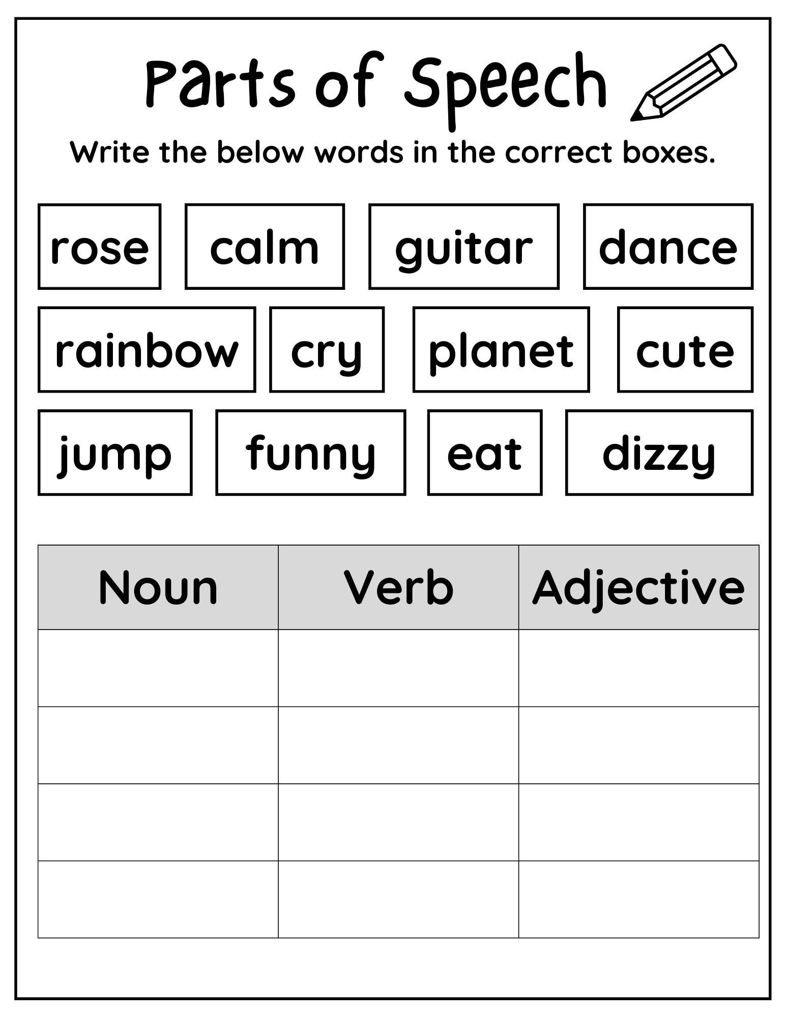 10 Printable Parts Of Speech Worksheets Printable Noun Verb Adjective