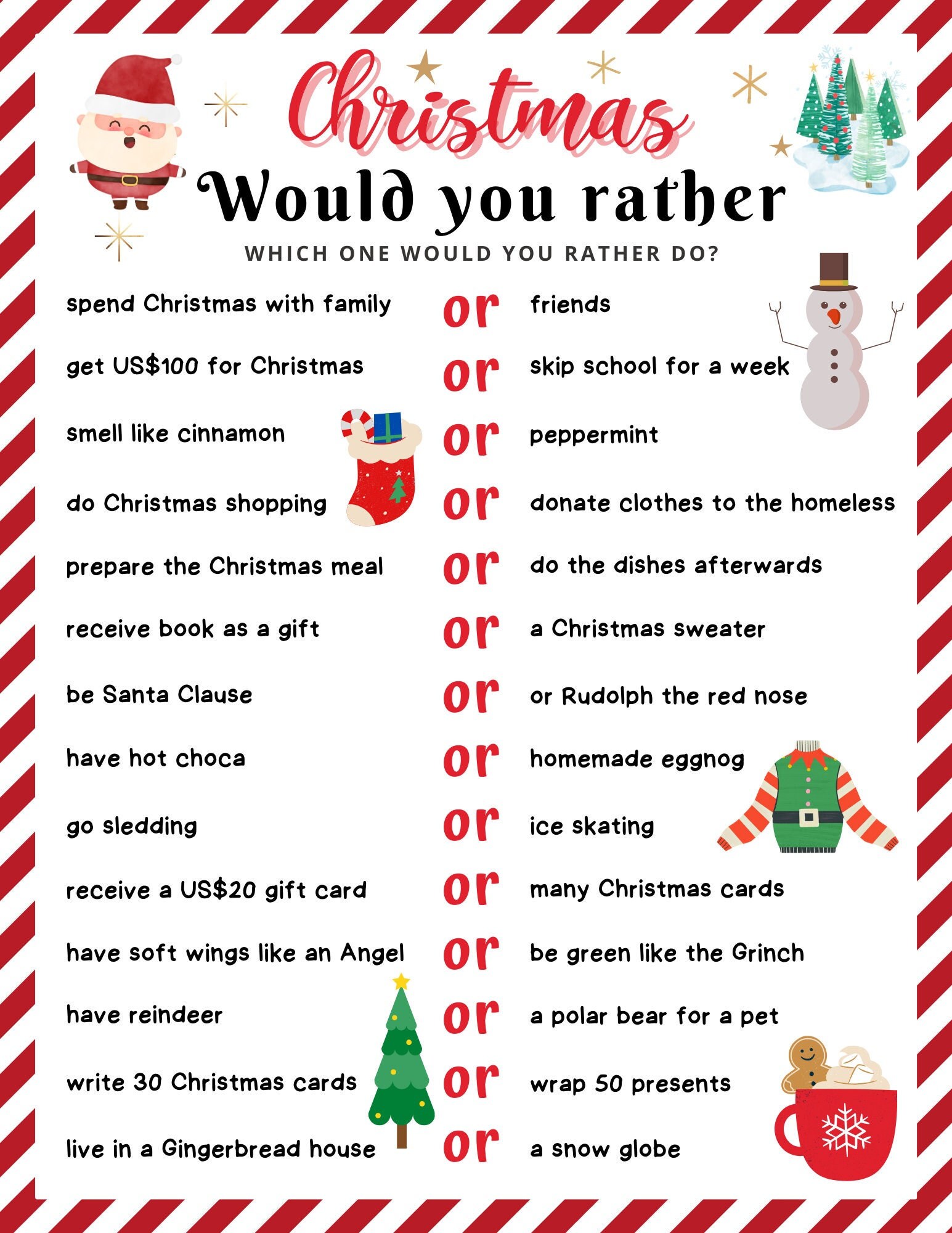 Christmas Would You Rather Game for Kids, Printable Christmas Party