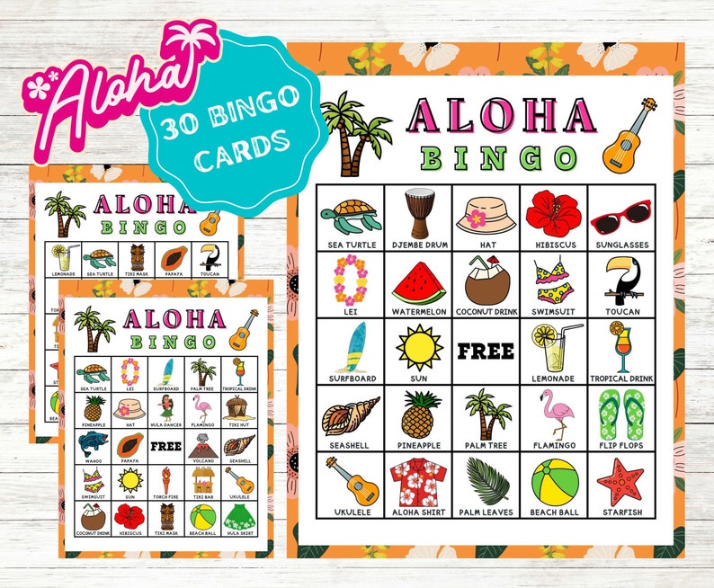 Aloha Bingo Cards Instant Download, Luau Bingo Cards, Luau Party Bingo ...