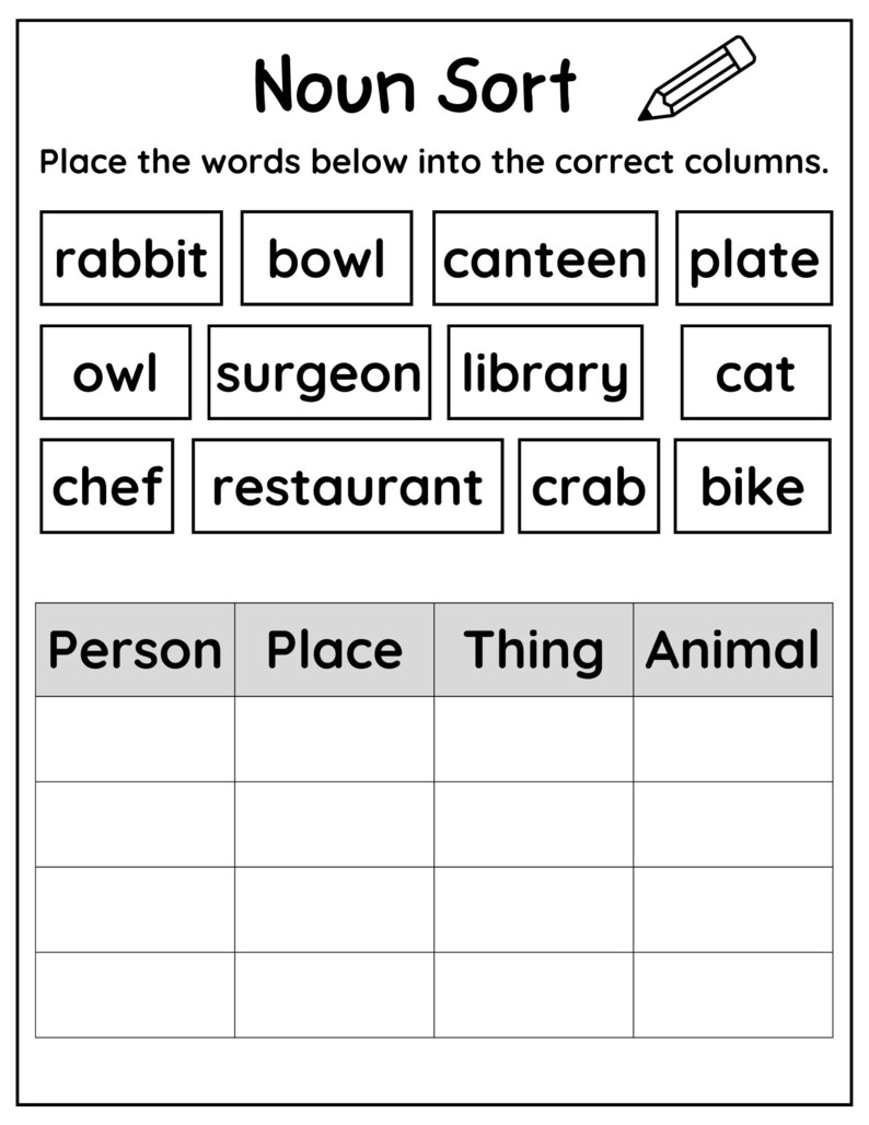 10 Printable Noun Sorting Worksheets, Nouns Practice Worksheets ...
