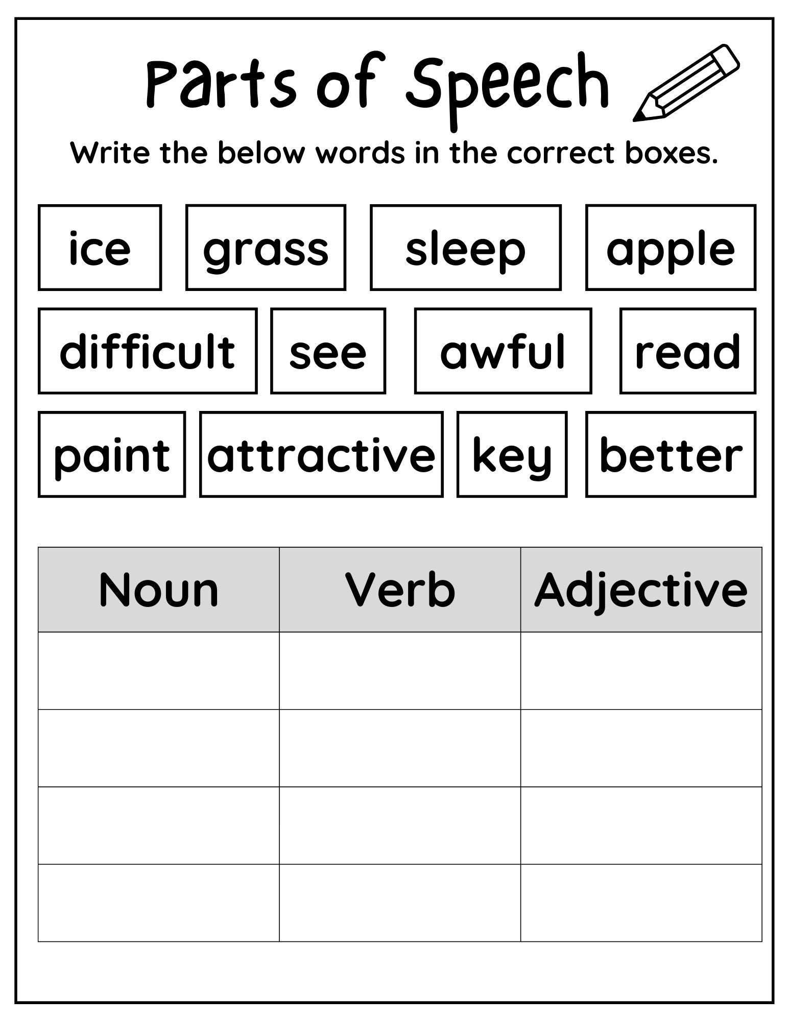 10 Printable Parts of Speech Worksheets, Printable Noun Verb Adjective