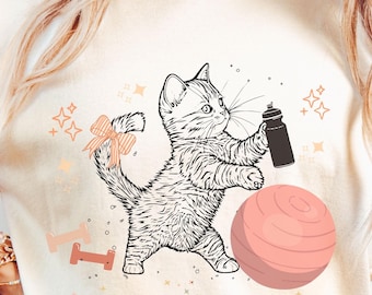 Gym Cat Shirt for Women, Cute Cartoon Cat T Shirt, Funny Fitness Cat Lover Gift