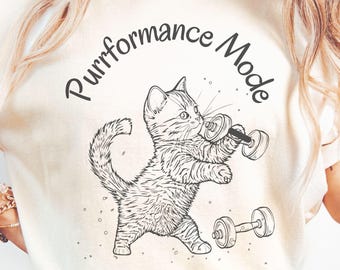 Gym Cat Shirt for Women, Cute Cartoon Cat Weightlifting Tee, Funny Fitness Cat Lover Gift