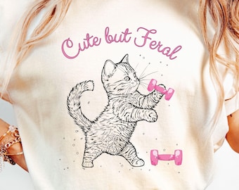 Gym Cat Shirt for Women, Cute Cartoon Cat Weightlifting Tee, Funny Fitness Cat Lover Gift