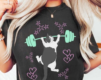 Gym Cat Shirt for Women: Cute Cartoon Cat Weightlifting Tee, Funny Fitness Cat Lover Gift.