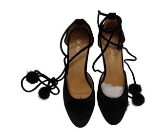 Black block high heel shoes with lace ankle tie