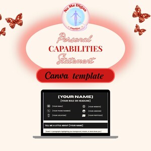 Peut inclure: Un modèle Canva noir et blanc pour une déclaration de capacités personnelles est affiché sur un ordinateur portable. La conception comprend des champs de texte pour le nom, le rôle, les coordonnées et une brève biographie. Des papillons décoratifs et des éléments de texte en rouge et blanc complètent le design.