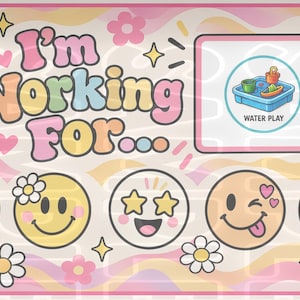Puede incluir: Un letrero rectangular con fondo pastel ondulado que presenta el texto I'm Working For, margaritas blancas y cinco caras sonrientes. Un recuadro muestra una mesa de juegos de agua azul con juguetes y el texto WATER PLAY.