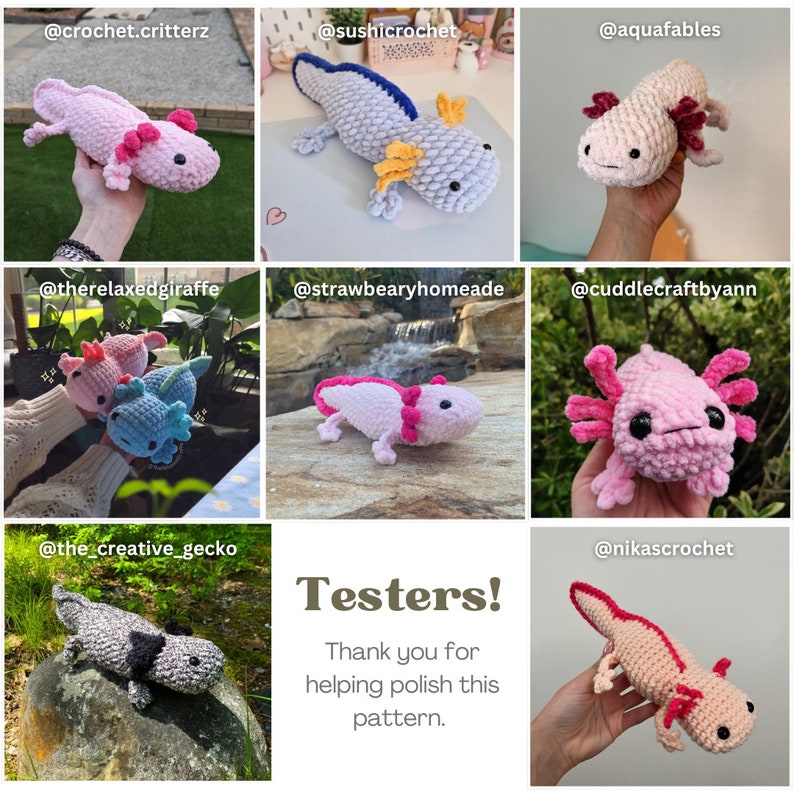 K&ouml;nnte beinhalten: Eine Collage aus neun Fotos, die geh&auml;kelte Axolotl-Pl&uuml;schtiere in verschiedenen Farben zeigen, darunter rosa, blau, grau und pfirsich. Der Text "Tester! Vielen Dank f&uuml;r eure Hilfe beim Feinschliff dieses Musters." befindet sich in der Mitte der Collage.