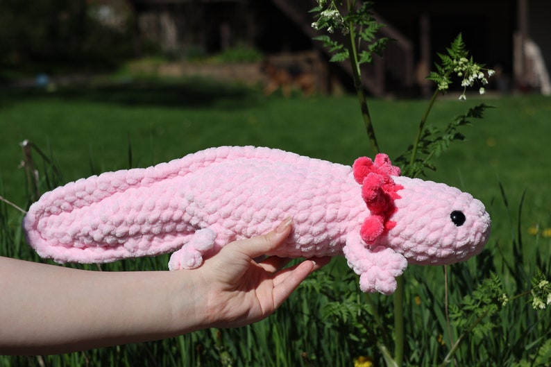 K&ouml;nnte beinhalten: Ein rosa geh&auml;keltes Axolotl-Pl&uuml;schtier mit roten, gefiederten Kiemen. Das Spielzeug wird von einer Hand vor einem gr&uuml;nen grasbewachsenen Hintergrund gehalten.