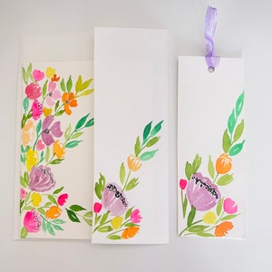 Ensemble-cadeau de cartes de voeux de fleurs sauvages peintes à la main, carte et marque-page aquarelle faits main originaux.