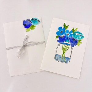 Cartão de felicitações pintado à mão em aquarela, 5 x 6 7/8, cartão floral original em aquarela, cartão em branco.