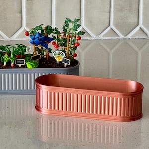 May include: Two miniature garden planters. One is silver and filled with small vegetable plants, including carrots and tomatoes. The other is a copper-colored planter. Both have a ribbed design and are oval-shaped.